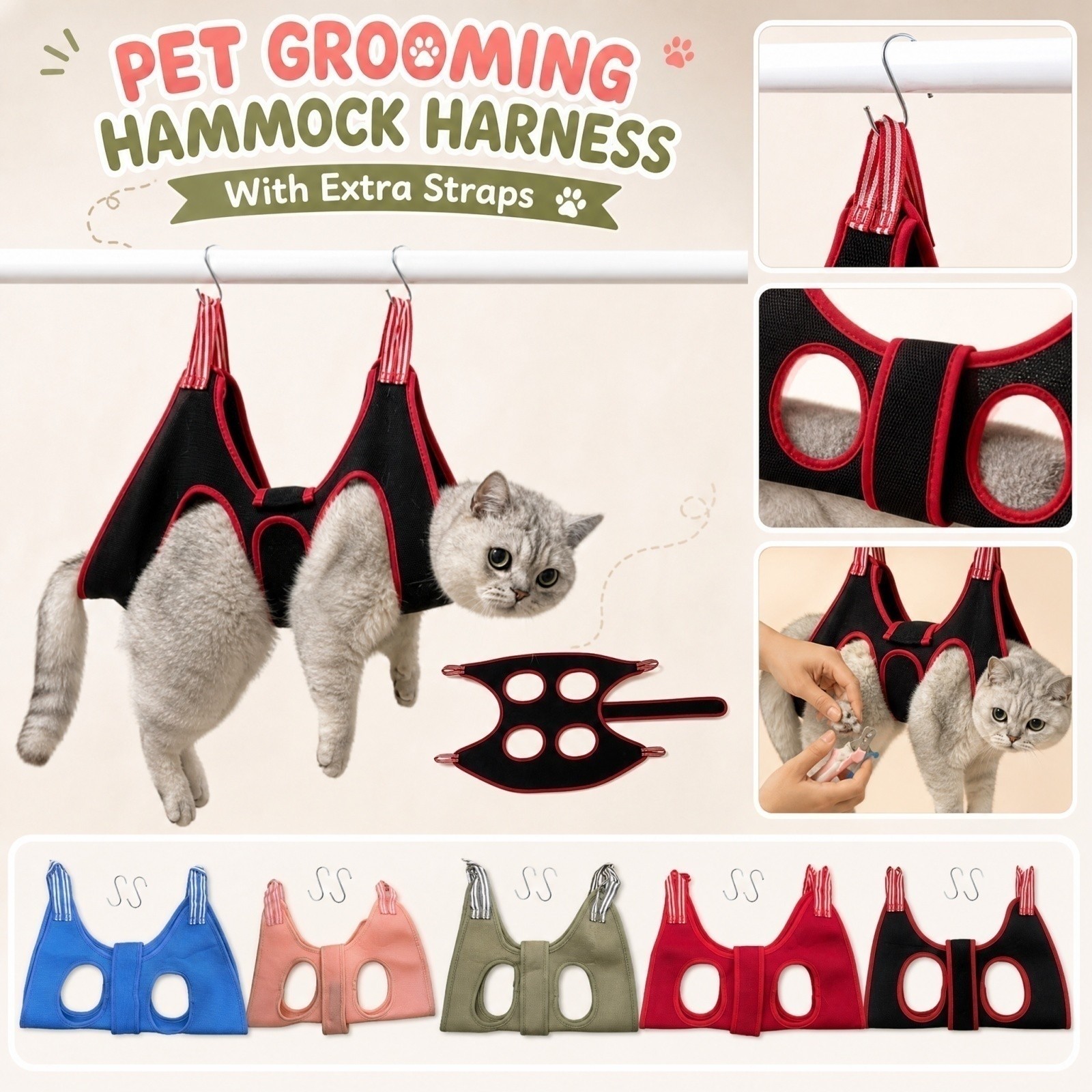 Pet Supplies Nail Trim - เปลนอนสำหรับสัตว์เลี้ยงพร้อมสายรัดปรับได้ อุปกรณ์ตัดแต่งเล็บและกรูมมิ่งสำหรับสัตว์เลี้ยงพร้อมตะขอสำหรับแมวและสุนัข อุปกรณ์สำหรับสัตว์เลี้ยง